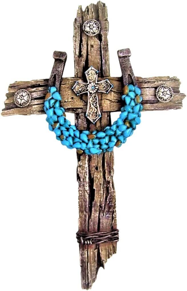 Turquoise stone Horseshoe Rustic Faux Wood Wall Hanging Cross Spiritual Decor