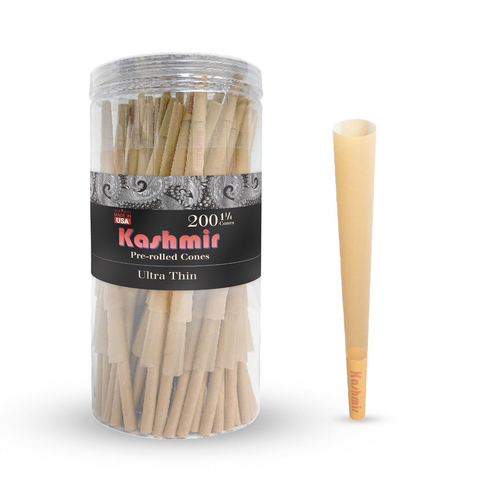 Kashmir Pre Rolled Cones 200 Ct Jar 1 1/4 Size Ultrathin Rolling Papers Cones