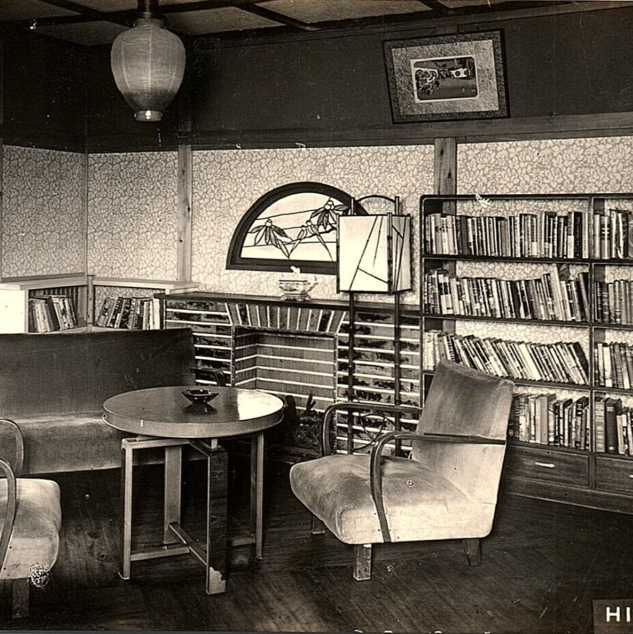 c.1950 Higuchi Hotel Library Lobby Interior View Atami Izu Shizuoka Japan RPPC