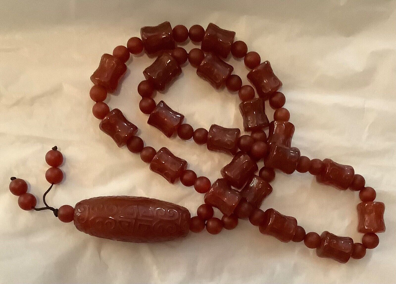 Tibetan Natural RED Agate CARVED SHOU LONGEVITY and FRET Beads Prayer Necklace 