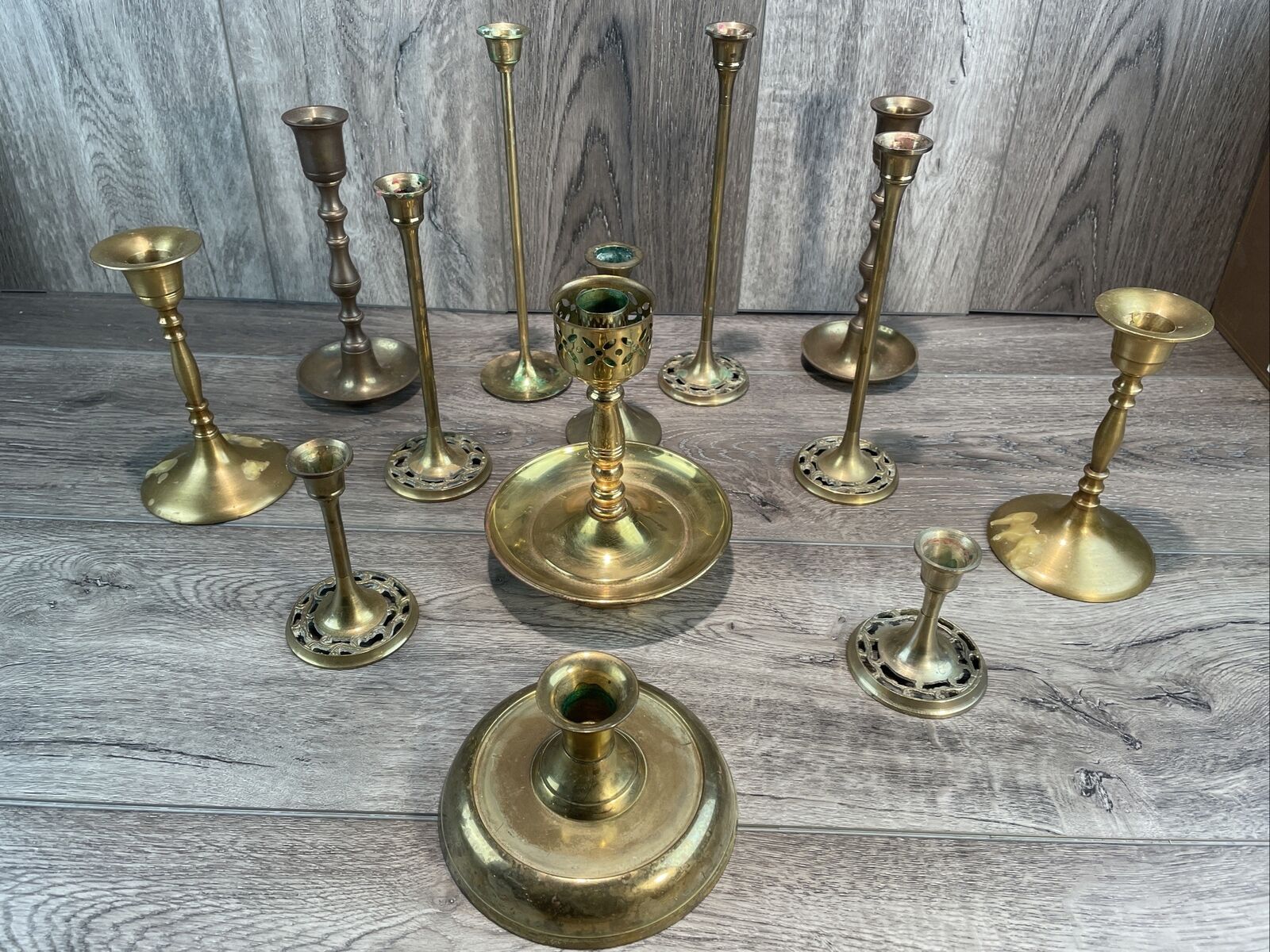 Vtg Lot 13x To 9” Brass Candlestick Holders Various Styles Pairs Wedding Party