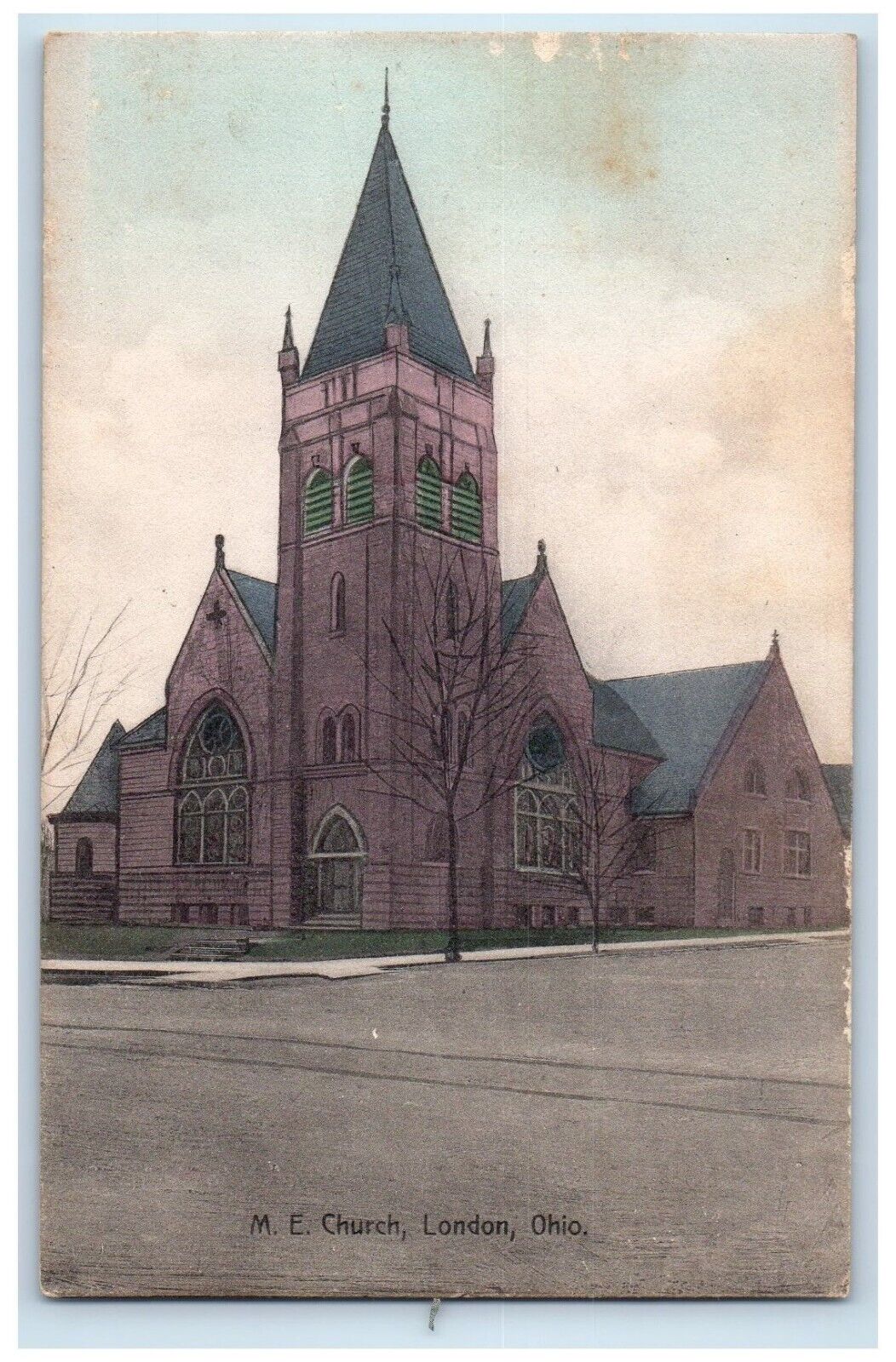 c1910's ME Church Street View London Ohio OH Handcolored Antique Postcard