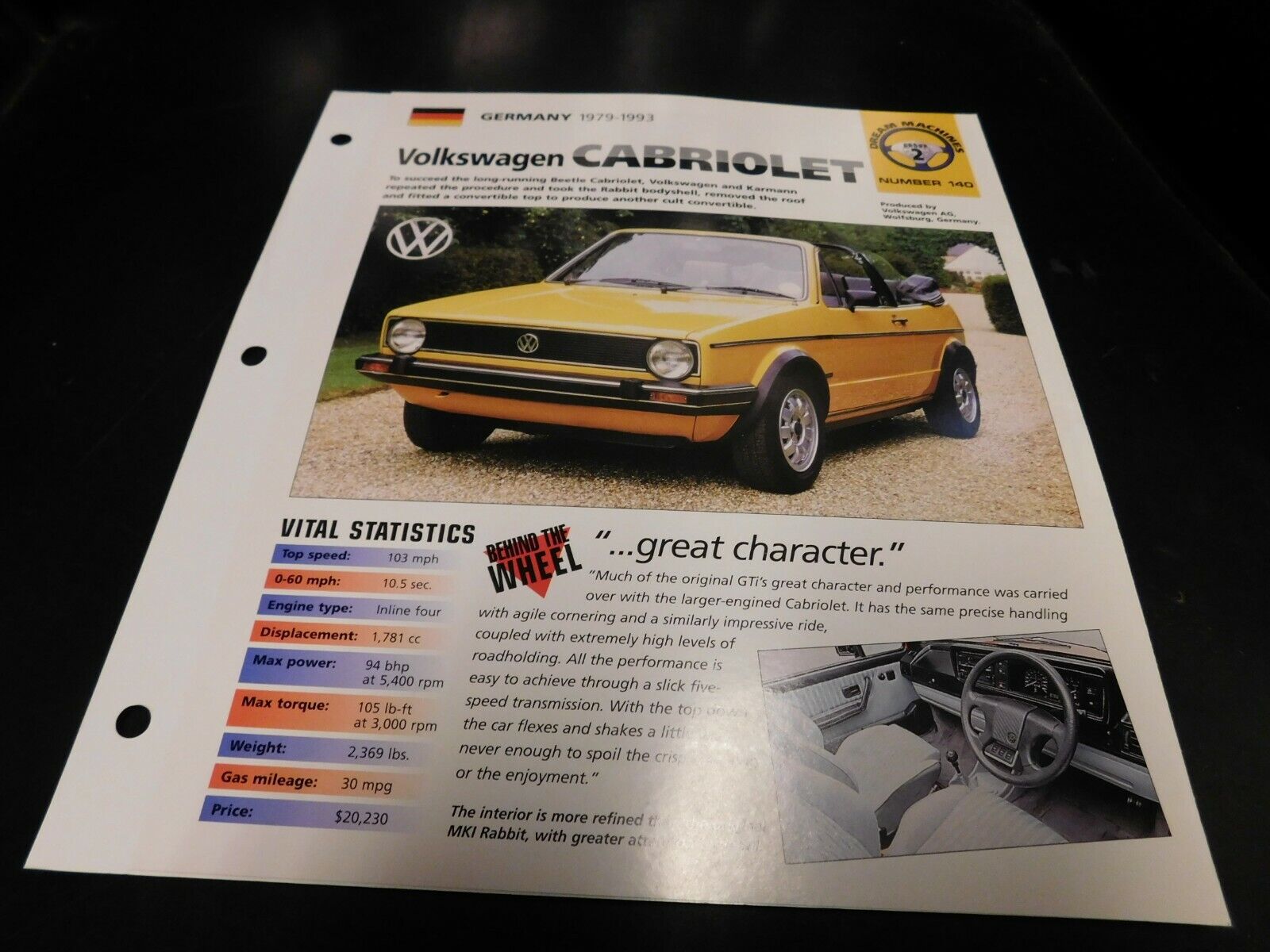 1979-1993 Volkswagen VW Cabriolet Spec Sheet Brochure Photo Poster 80 81 92 91
