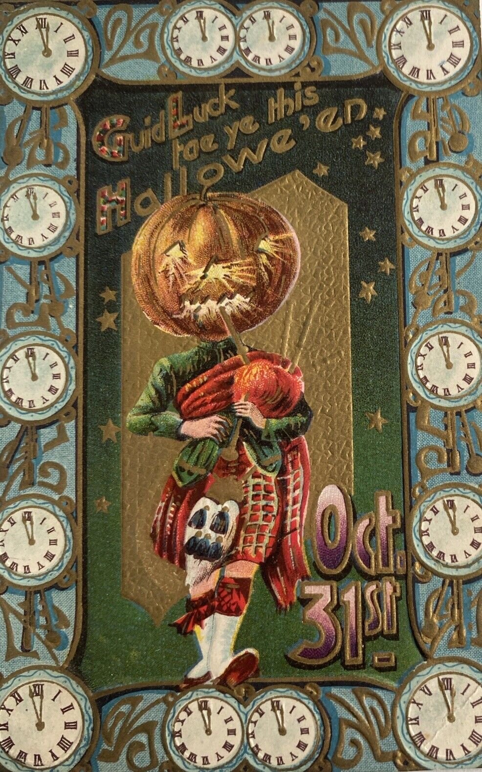 Vintage Gottschalk Halloween Postcard Anthropomorphic Pumpkin Bagpipe Clock 1910