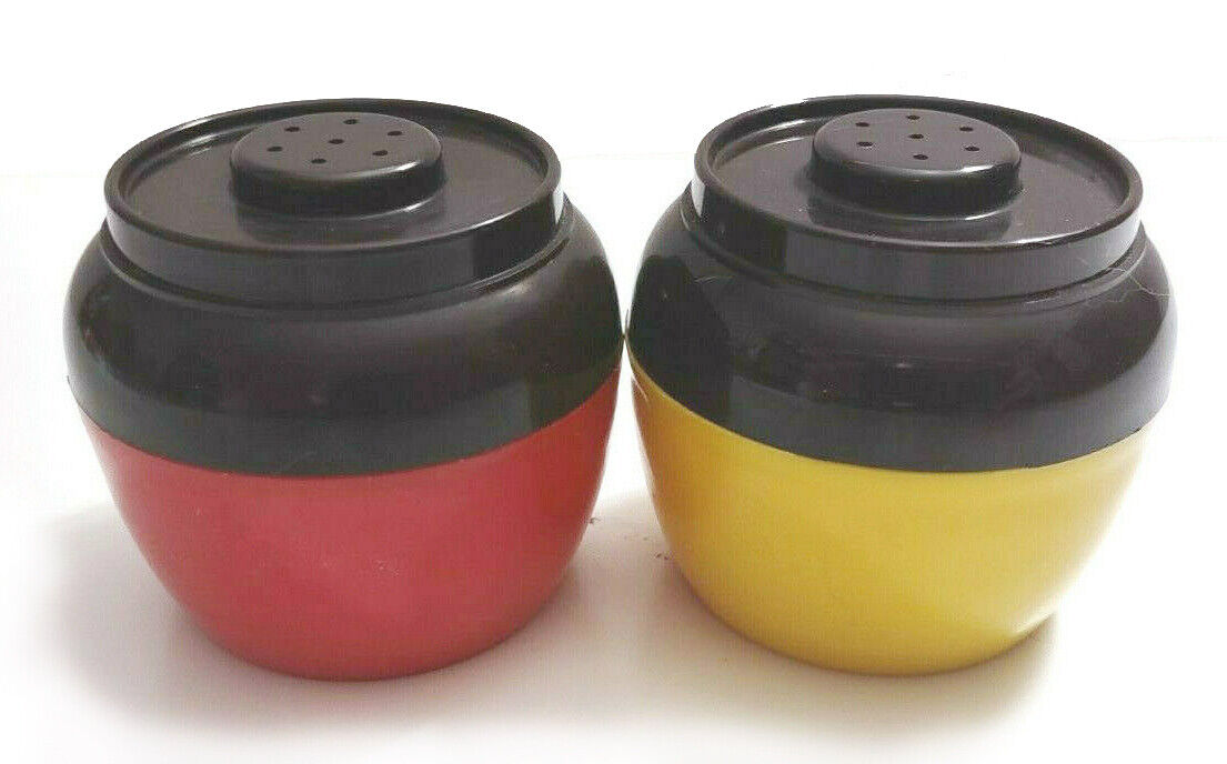 Vintage Salt Pepper Shakers Plastic Red Yellow Circular Jars 1950s SEE STORE