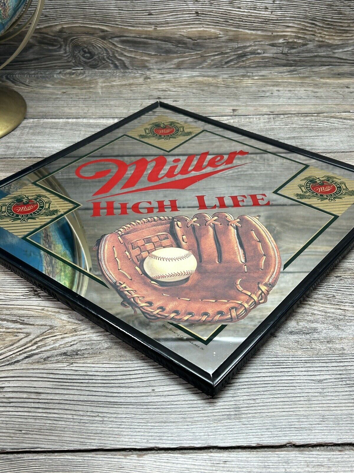 Vintage Miller High Life Beer Baseball Mitt Framed Glass Mirror 13”X13”-Bar Rare