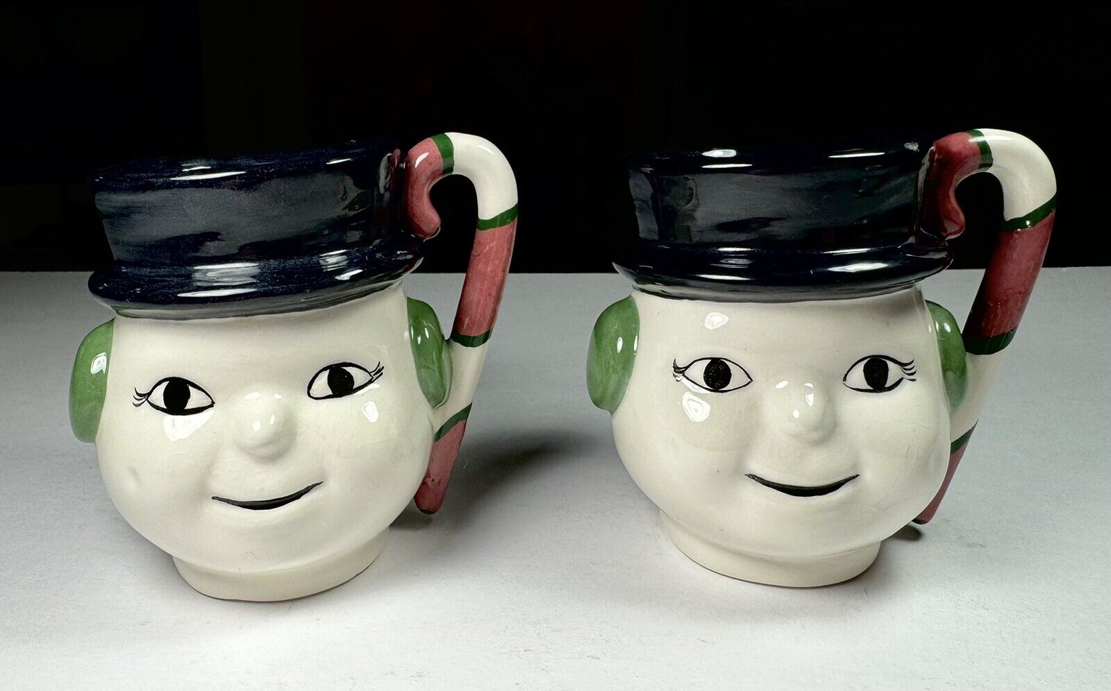 Two Vintage 1972 Snowman Figural Mugs Ceramic Hand Painted / Crafted Exc Vtg Cd