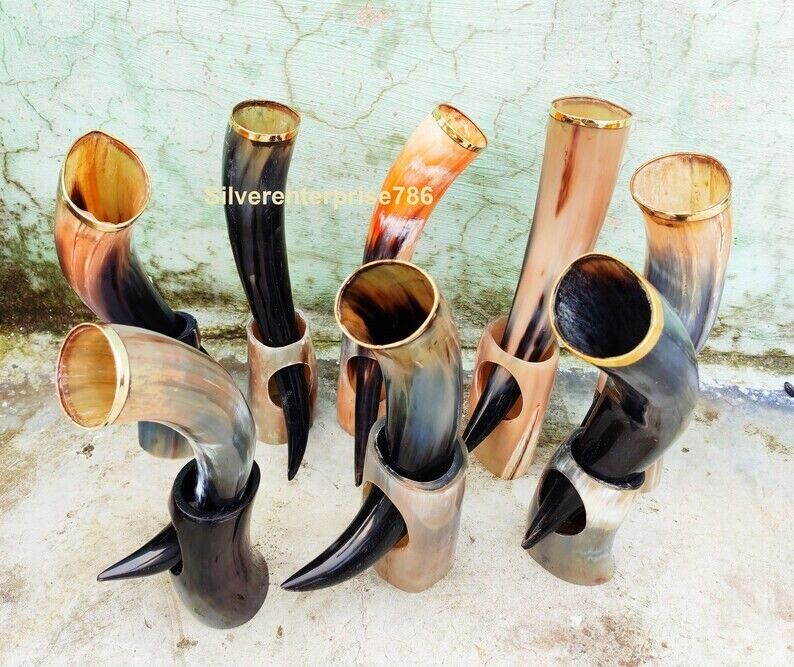 Lot Of 6 Viking Drinking Horn with Stand, Game of Thrones Medieval Beer Tankard,