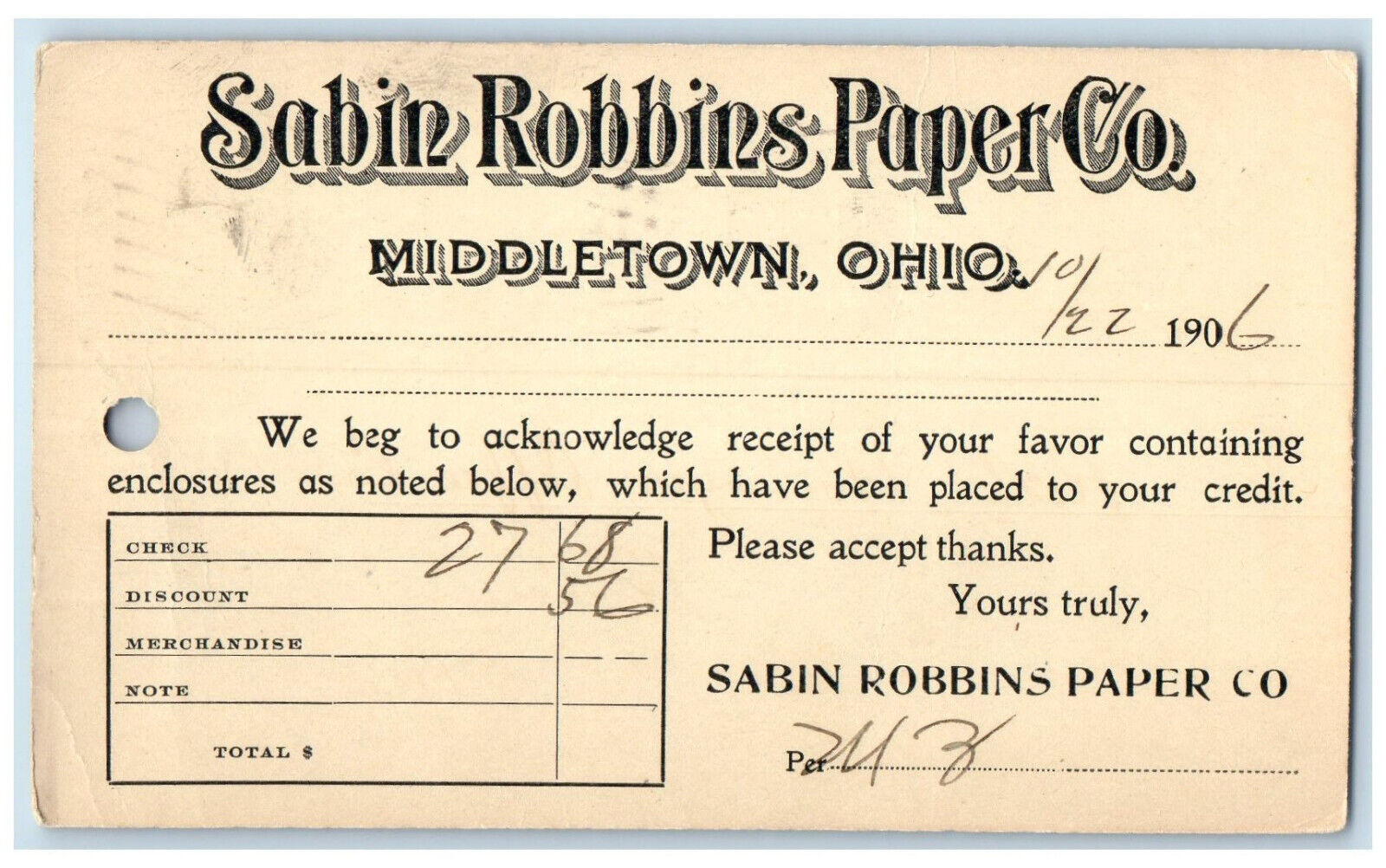 1906 Sabin Robbins Paper Co. Middletown Ohio OH Posted Antique Postal Card
