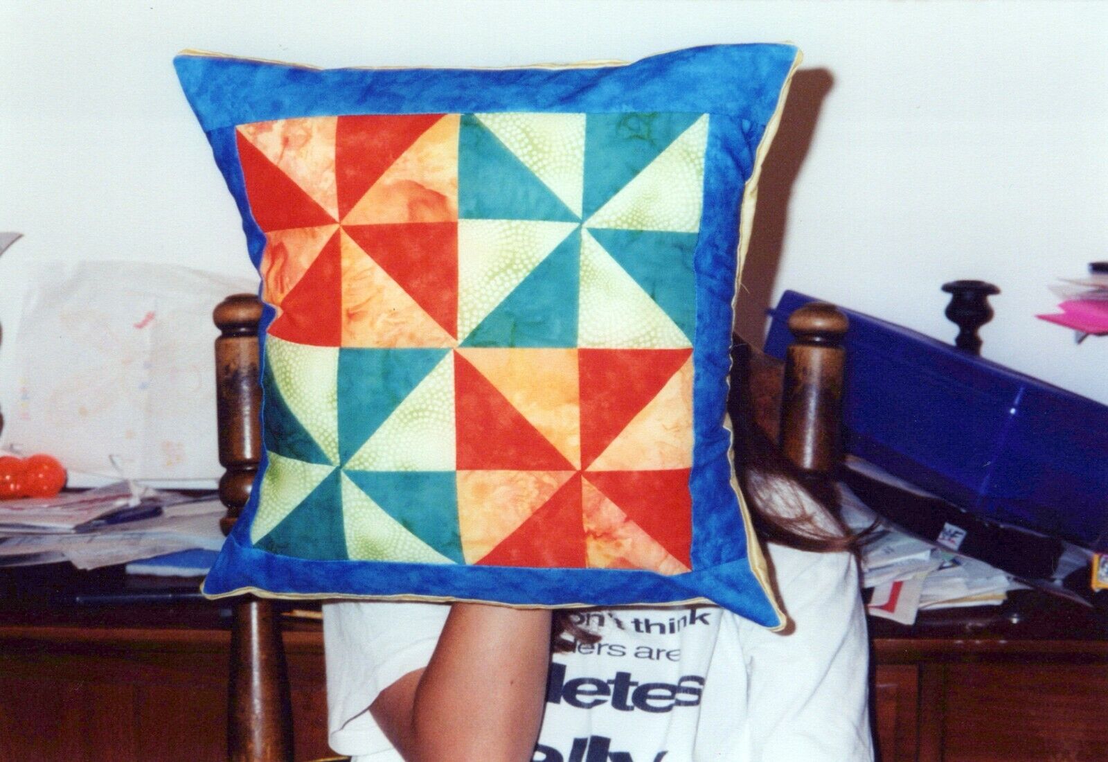 2000's Found Photo - Shy Girl Holds Pillow Over Face To Hide From Camera Shot