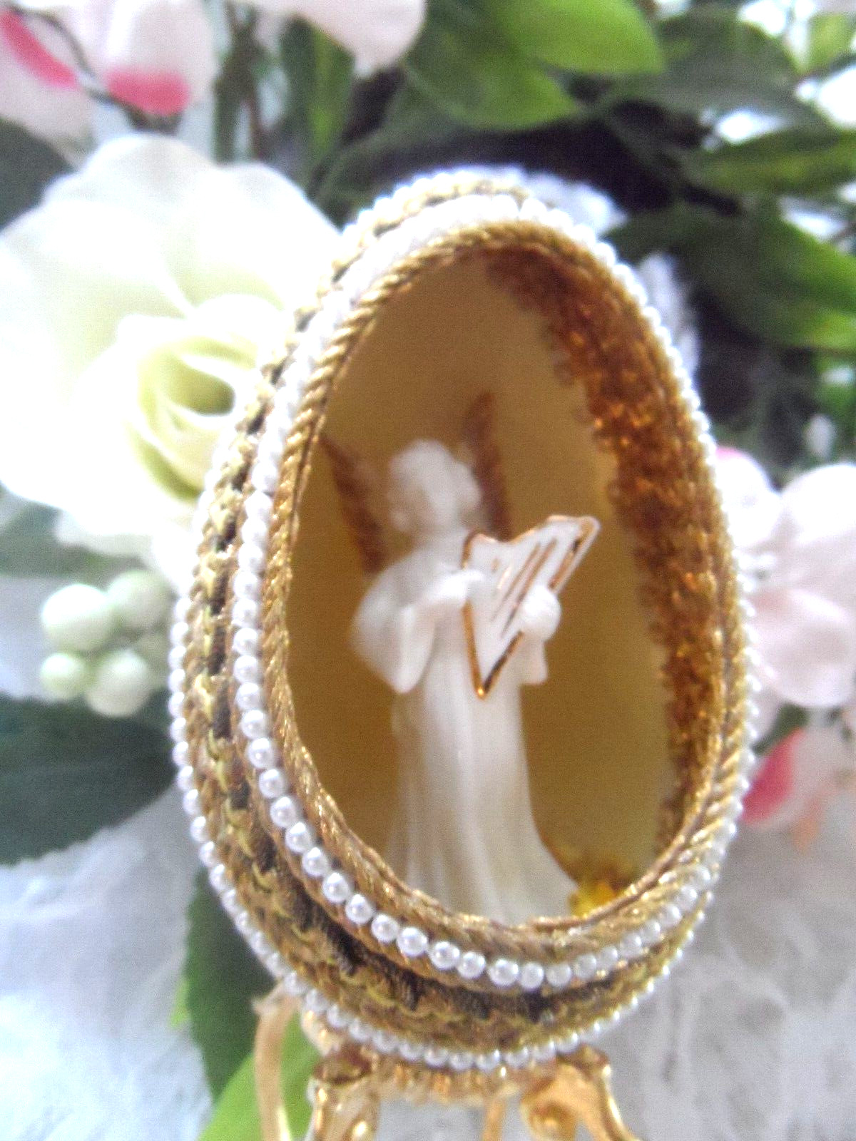 Handmade Vintage  Ornament - REAL GOOSE EGG EMBELLISHED DIORAMA  w/CERAMIC ANGEL