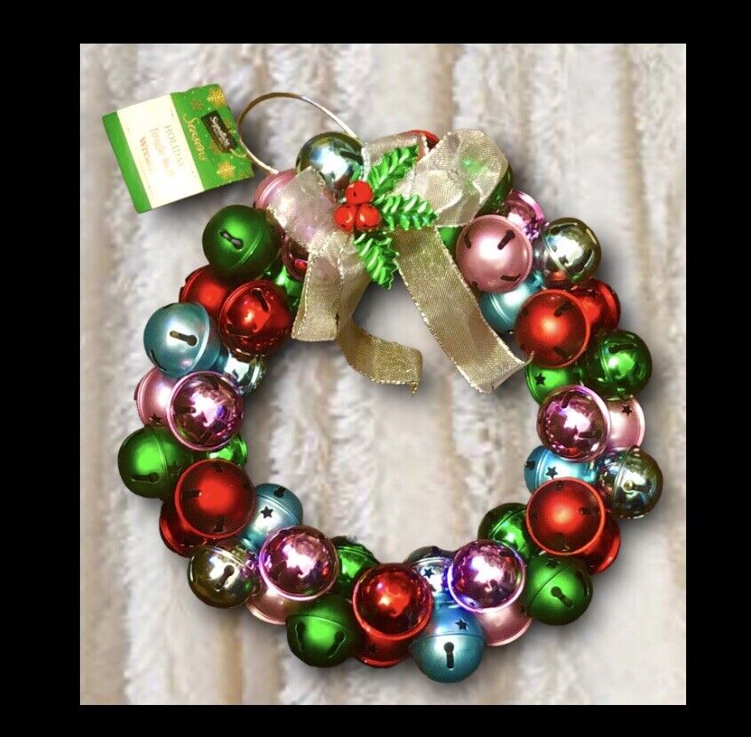 Signature Christmas jingle bell wreath 10-11” Metal DUALside:RED,GREEN,PINK,BLUE