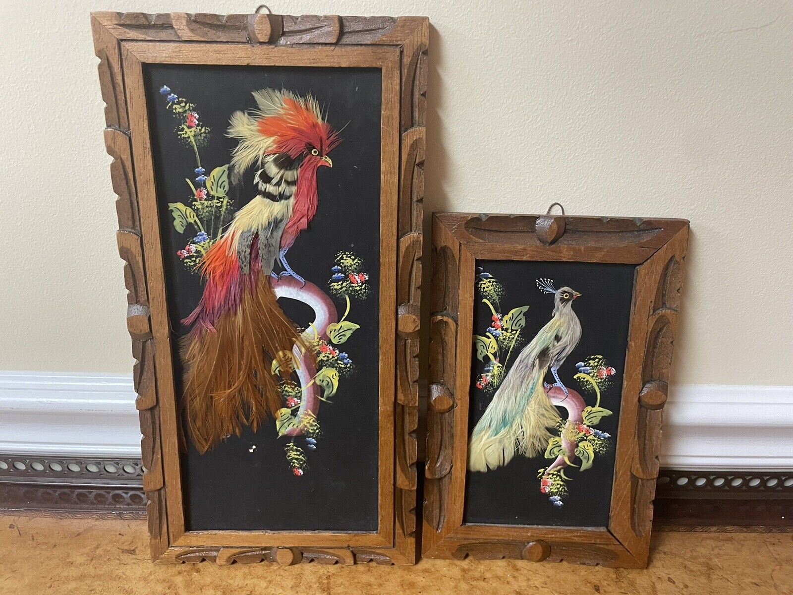 Vintage Set Of 2 Mexican Folk Feather Art In Wood Frames