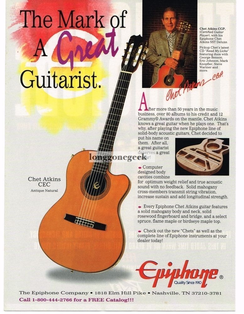 1995 Epiphone CHET ATKINS CEC Classical Electric-Acoustic Guitar Vintage Ad