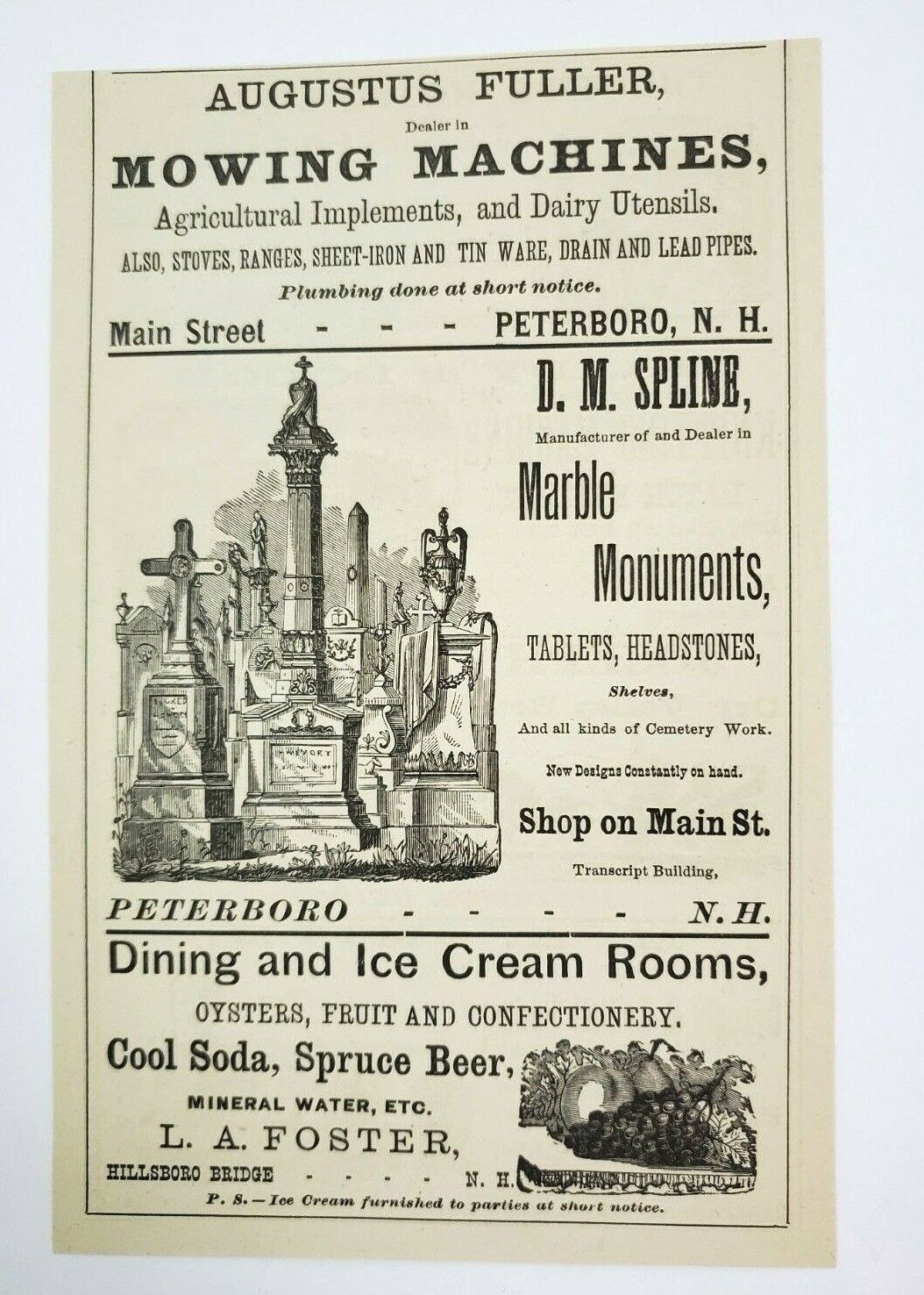 1882 Peterboro New Hampshire Advertisement Foster Ice Cream Spline Fuller Mower 