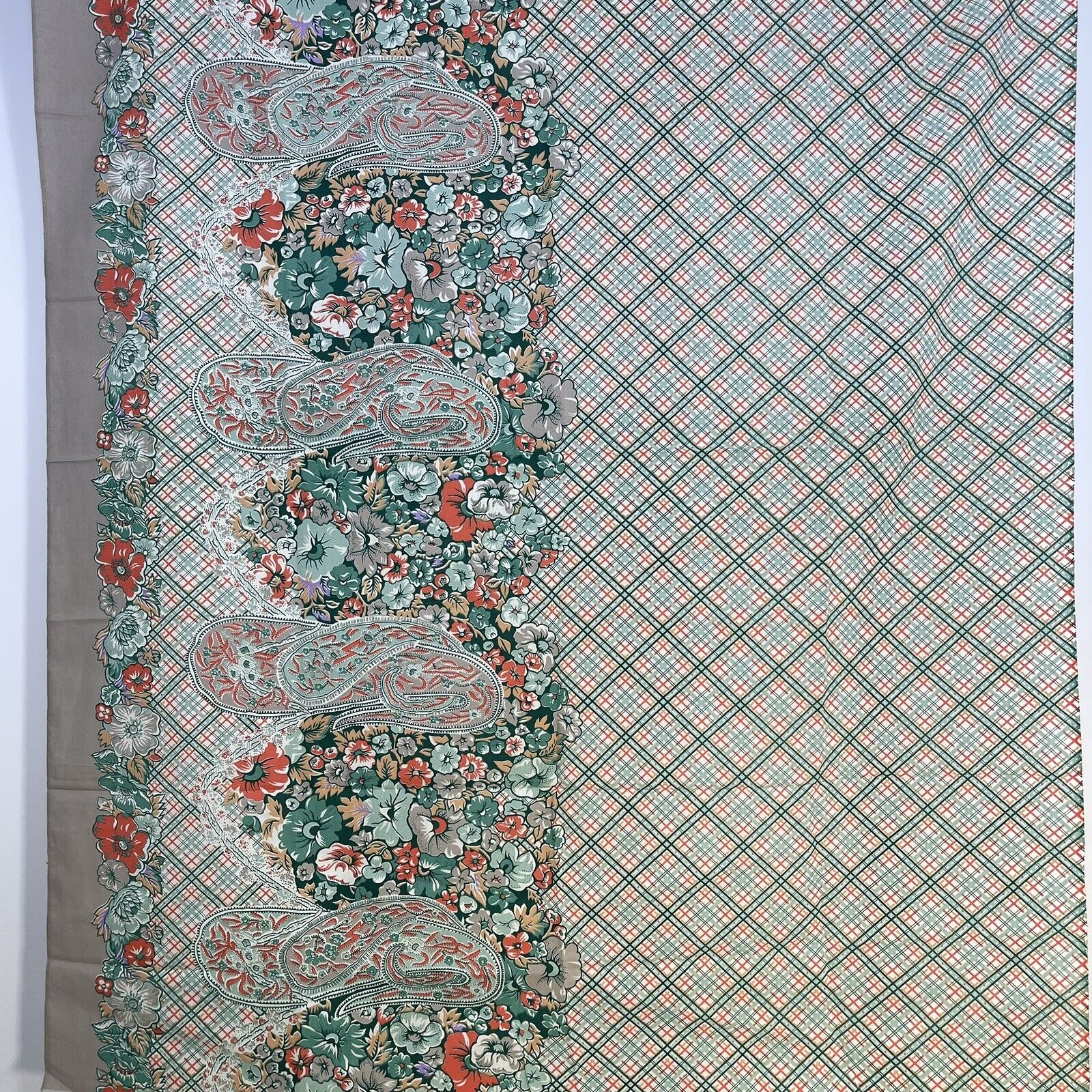 Vintage Floral Border Fabric Cotton Tan Green Coral 59\