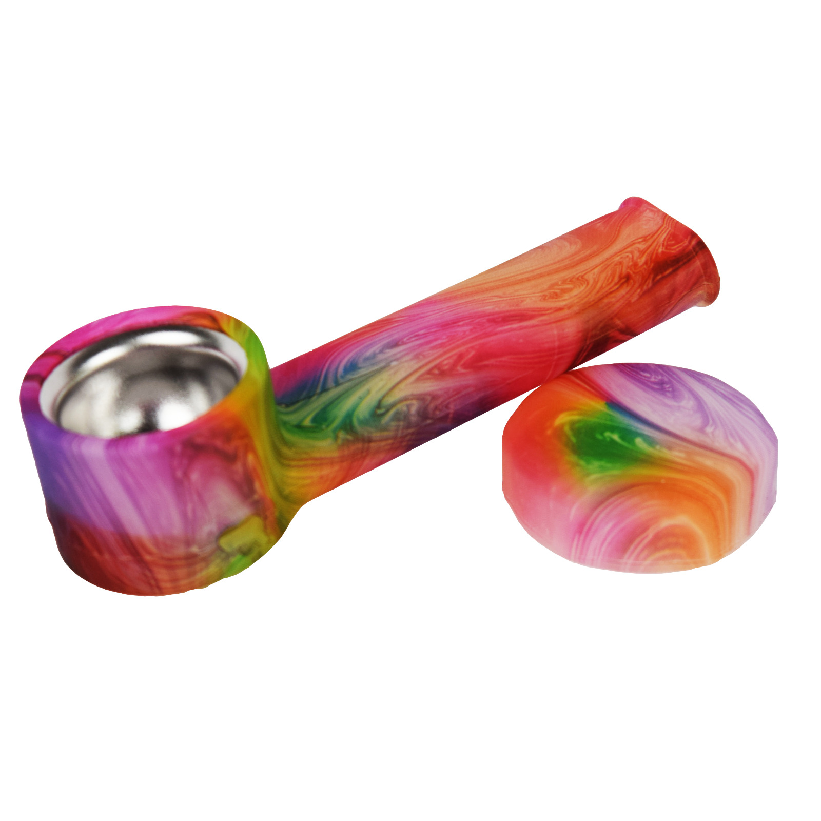 Glow-in-dark Silicone Smoking Pipe, Metal bowl & Cap Lid ~ Tiedye ~ 3.5 in