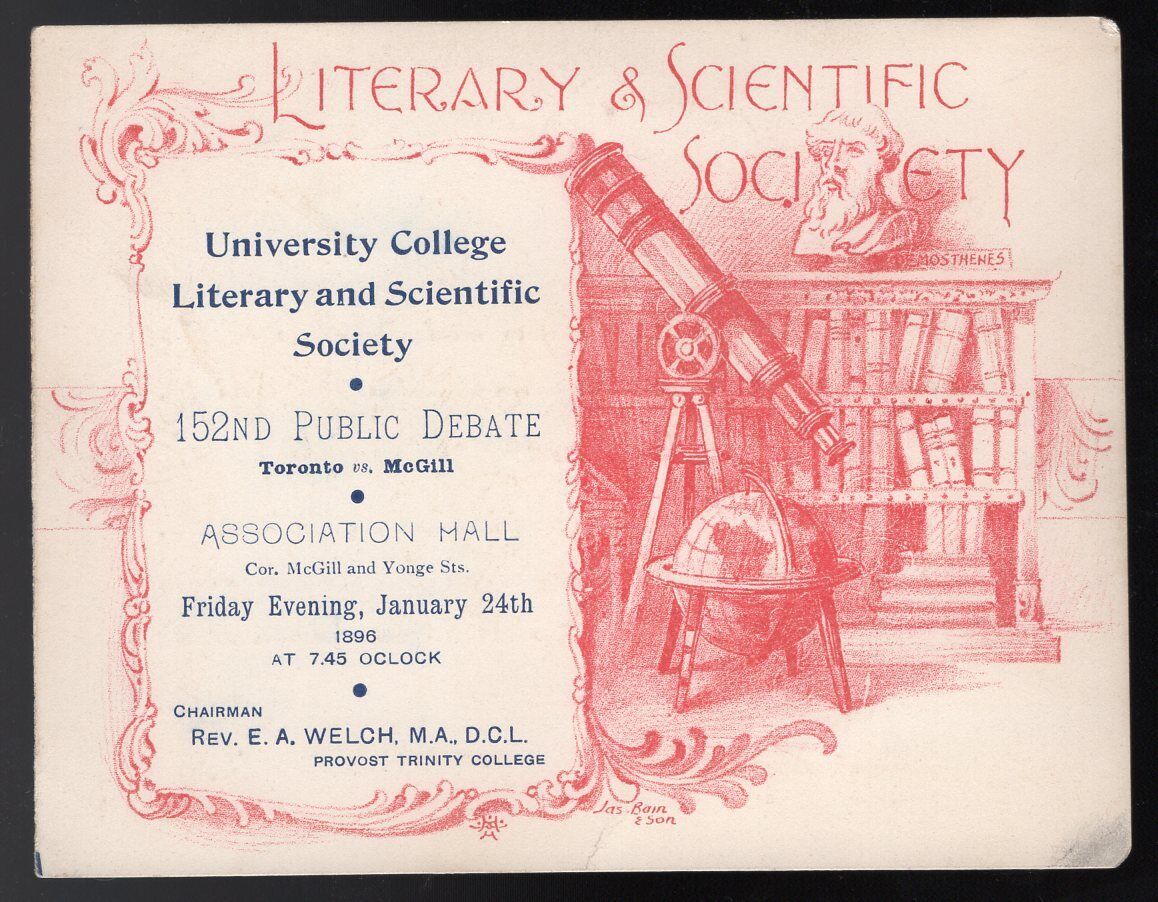 CANADA Toronto 1896 University Scientific Society Debate Invitation. Telescope