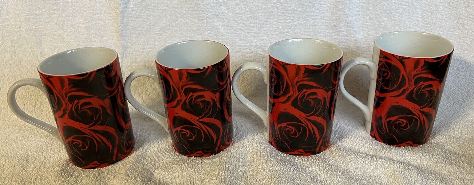 Set Of 4 KonitZ Germany Ceramic Porcelain Red Roses Mugs Coffee Tea Cup RARE NOS