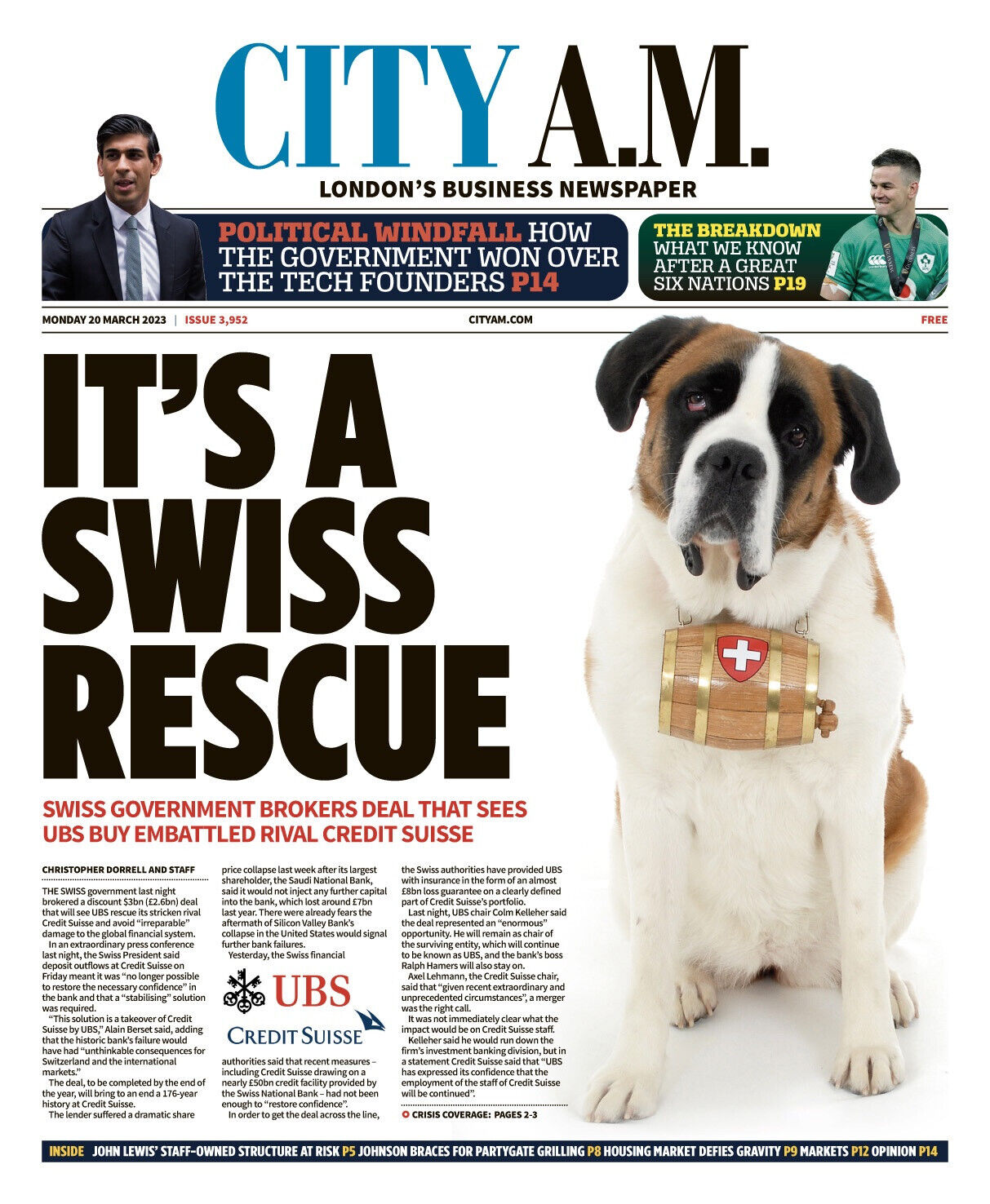 City AM Newspaper- UBS BUYS CREDIT SUISSE - SWISS BANKING CRISIS - 20 MARCH 2023
