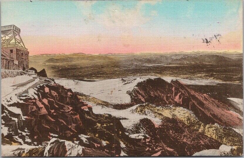 1942 PIKES PEAK Colorado Postcard with Summit Stamp / Meriden Hand-Colored