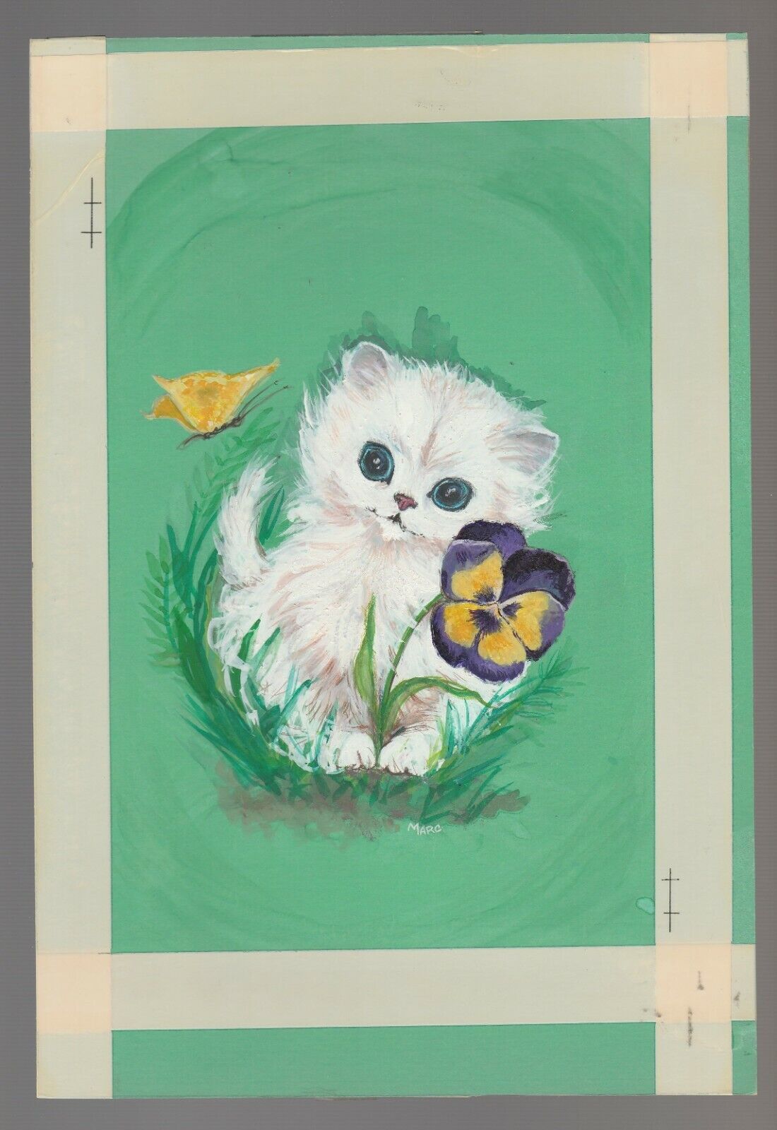 HAPPY BIRTHDAY Cute Kitten w/ Butterfly & Pansy 7x10.5\