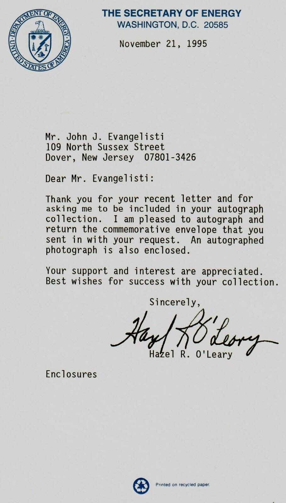 “7th Secretary of Energy” Hazel R. O\'Leary Signed TLS Dated 1995
