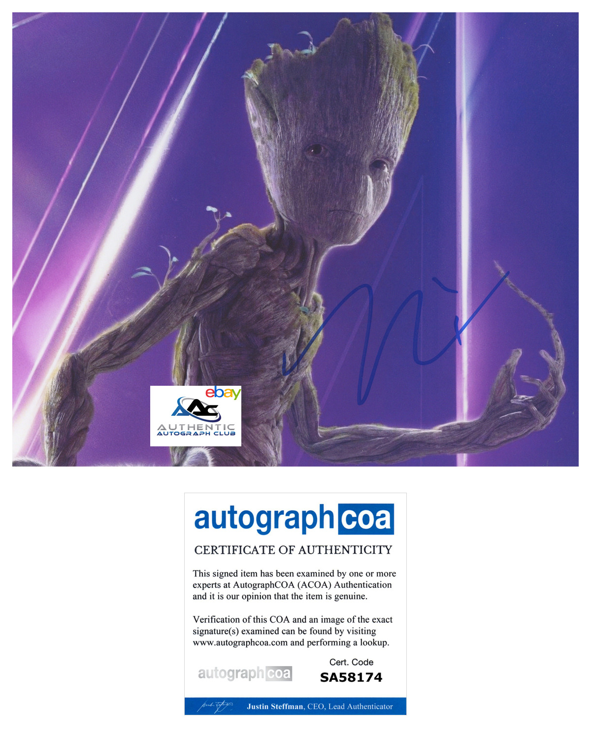 VIN DIESEL AUTOGRAPH SIGNED 8x10 PHOTO GROOT GUARDIANS OF THE GALAXY MARVEL ACOA