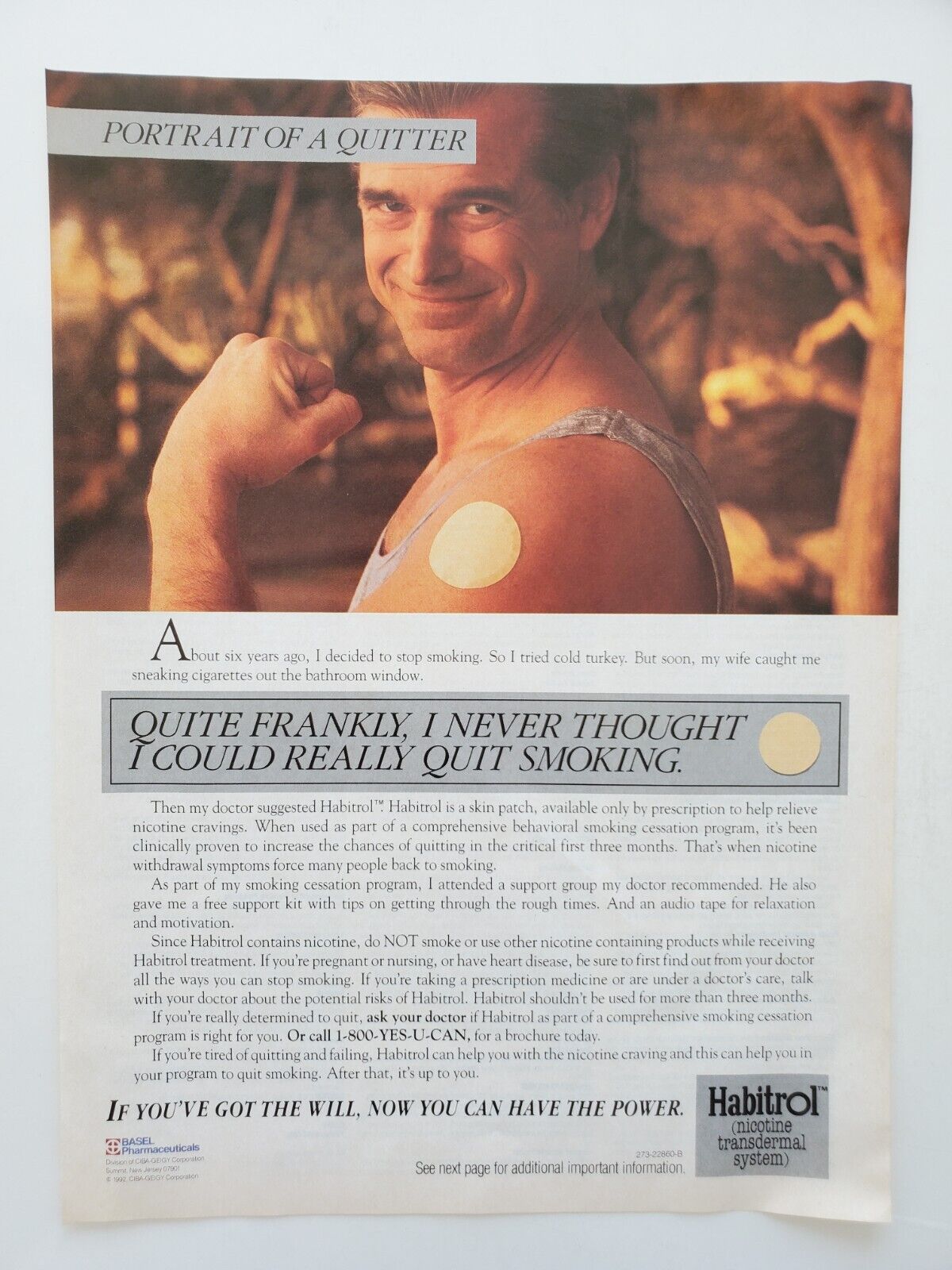Habitrol Nicotine Transdermal System Man with Patch on Arm 1992 Vintage Print Ad
