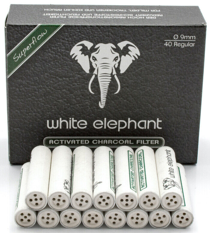 Box of 40 White Elephant 9mm Active Charcoal Pipe & RYO Cigarette Filters - 3406