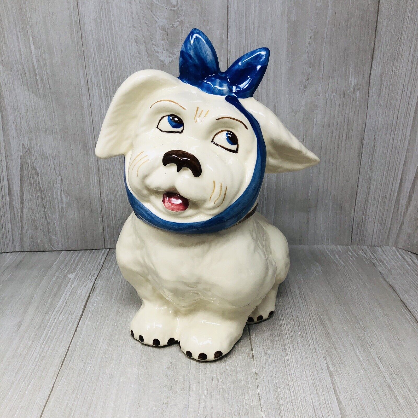Vintage Shawnee Pottery Cookie Jar MUGGSY Dog with Blue Bow Toothache