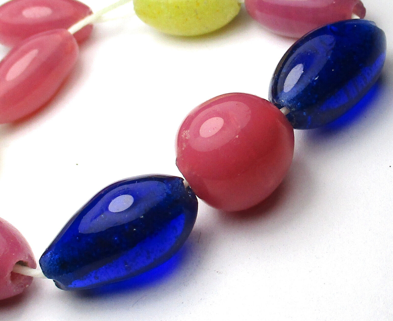 9 RARE STUNNING OLD ORCHID/COBALT/YELLOW OVAL/1 ROUND ANTIQUE GLASS BEADS