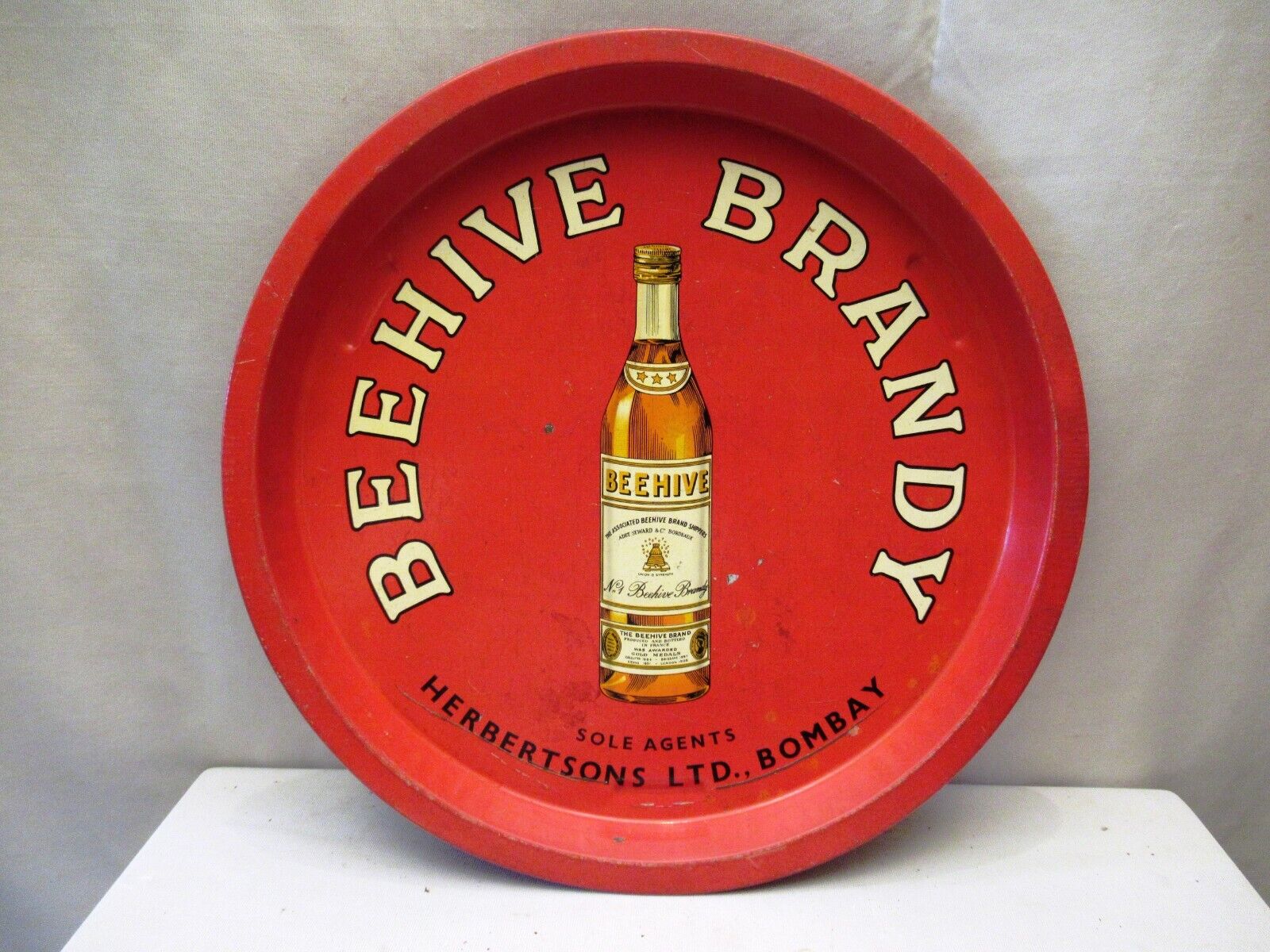 Vintage Beehive Brandy Advertising Tin Metal Tray Made In France Red Collectibl 