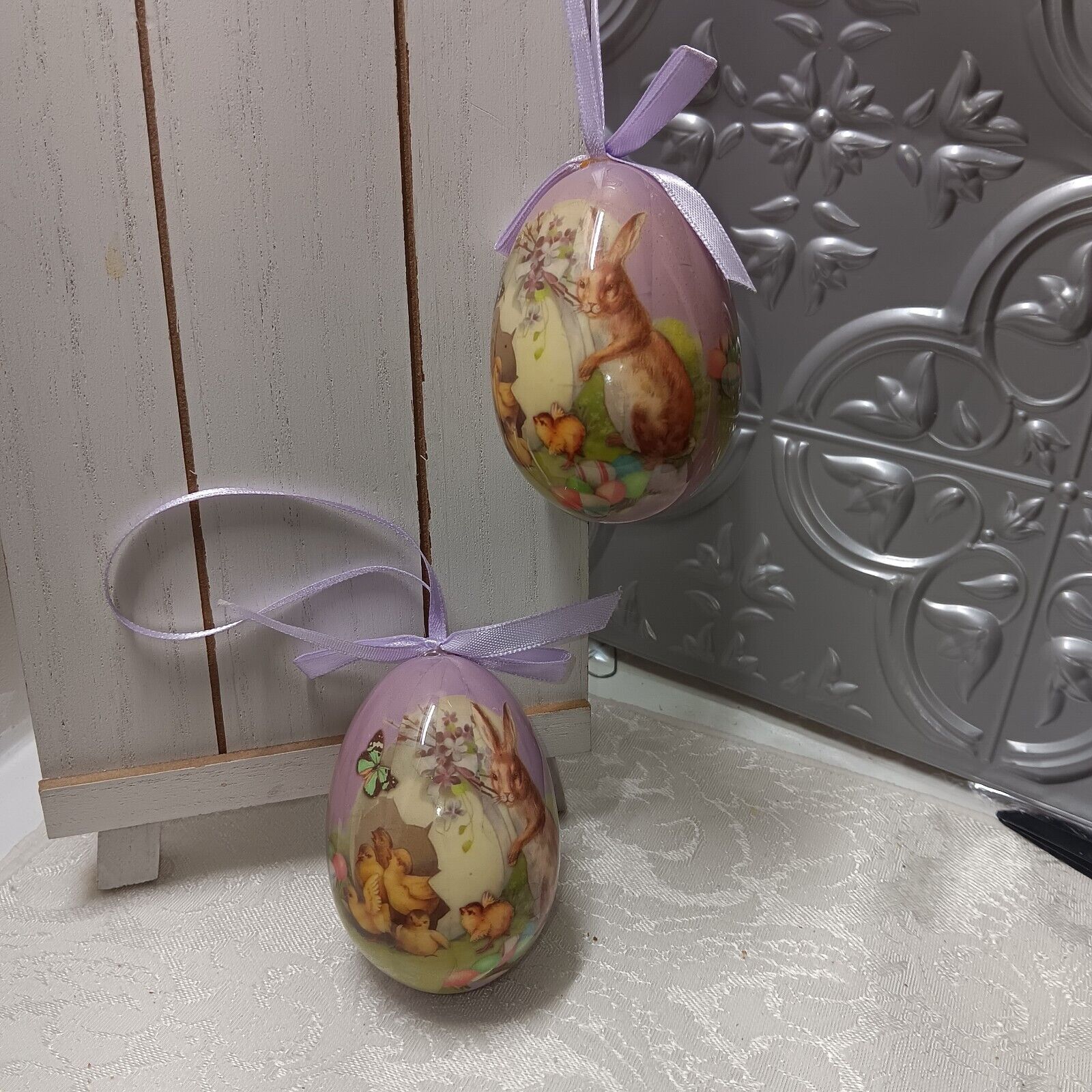 Vtg Easter Egg Hanging Ornaments papier-mâché  bunny rabbits 2.5” Lot Of 2