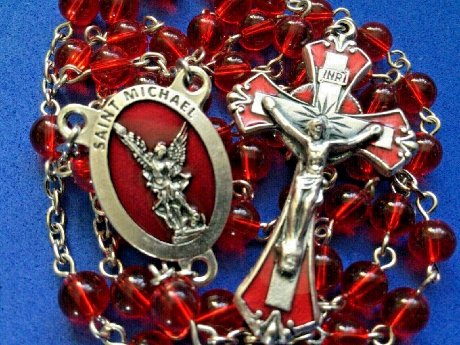 Archangel St MICHAEL ROSARY Red Enamel Red Glass Protection 6mm Handmade