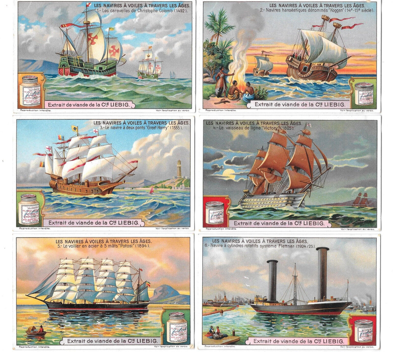 6x LIEBIG TRADE CARDS, SAILING SHIPS OF DIFFERENT TIMES 1927 (S1202 French).