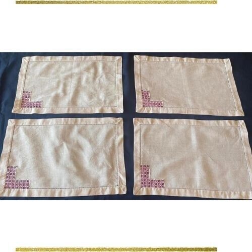 Vintage, four linen naprons with sieve, typical Portuguese work, beige and pink