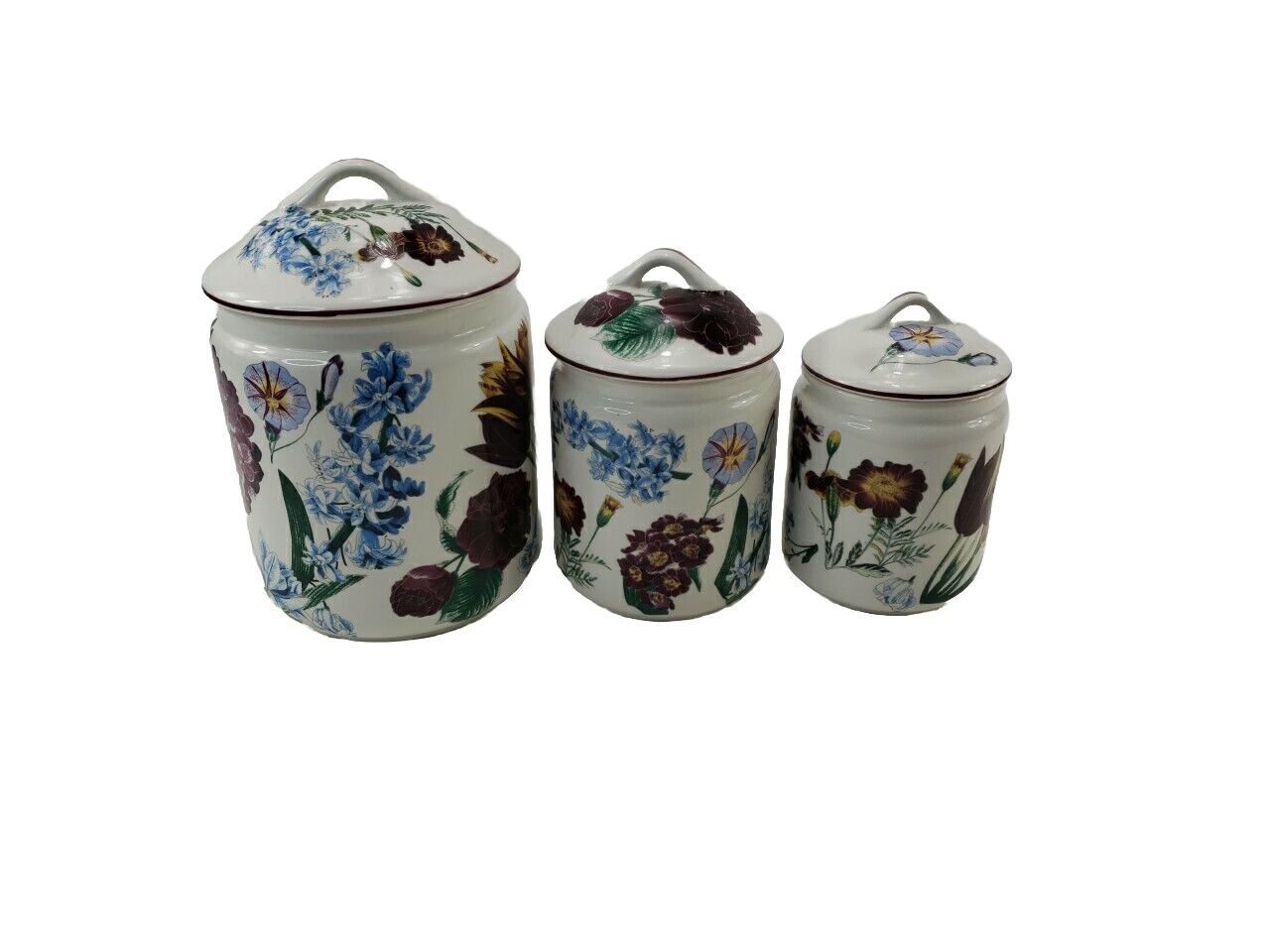 Vintage Set of 3 Canisters Burgundy Blue Flowers Made In Japan