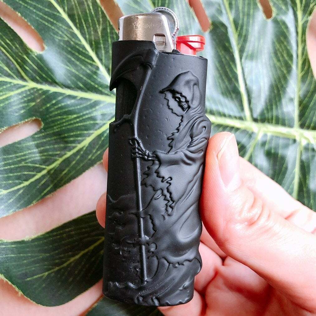 Metal Lighter Case Cover In Reaper Death Black Fits Standard Bic Lighter J6 