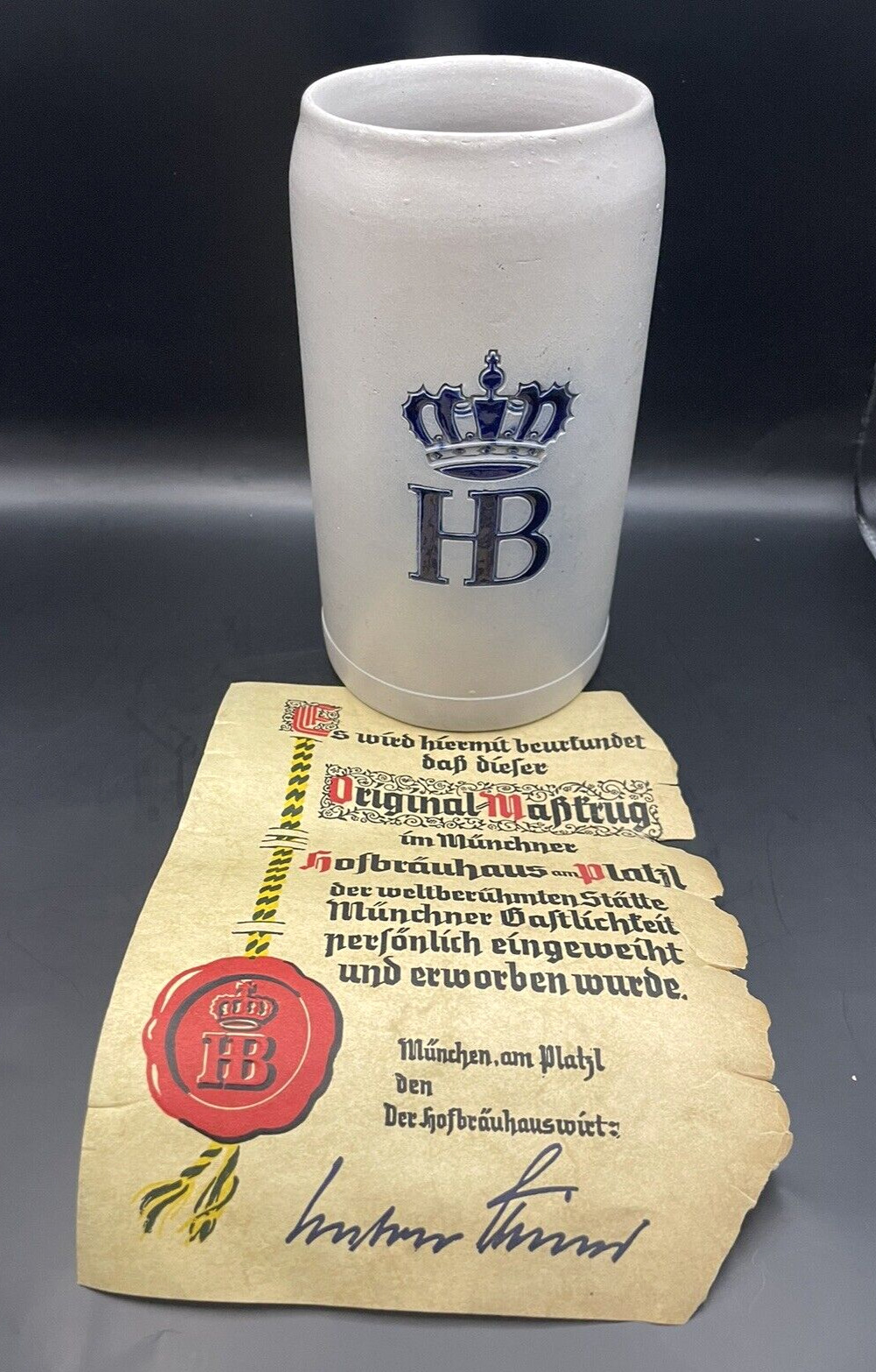 Vintage Stoneware HB West Germany 1 Liter Beer Stein With Original Paperwork 