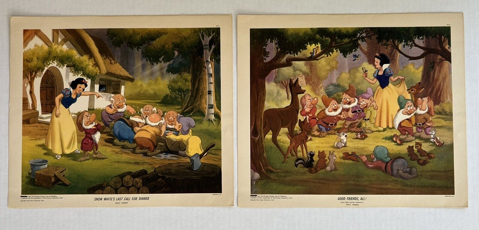 Disney Snow White Vintage Lithograph Prints Set Of 2 1940’s 10”x12”
