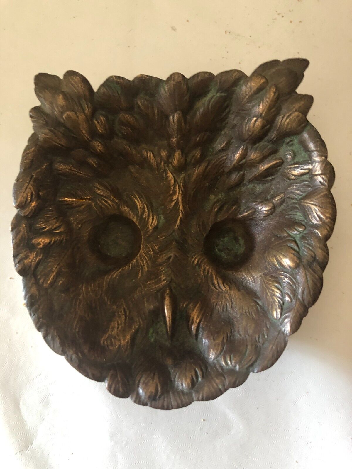 Vintage Owl Bronze owl face trinket dish High detail heavy 