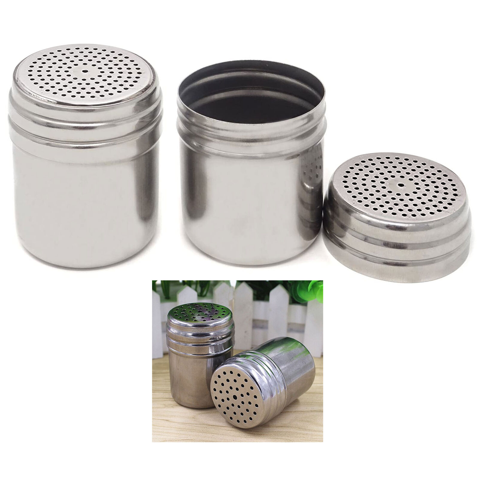 2 Salt Pepper Shakers Stainless Steel Metal Sift Spice Seasoning Containers 10oz