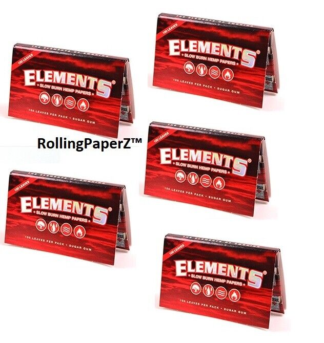 5X Packs Elements Red Slow Burn Hemp Single Wide Rolling Papers 100 Per Pack
