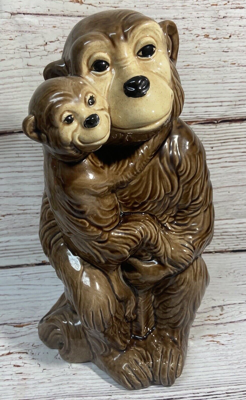 Vintage 1979 Mother & Baby Monkey / Chimp Statue 13” Ceramic Odd Figure 