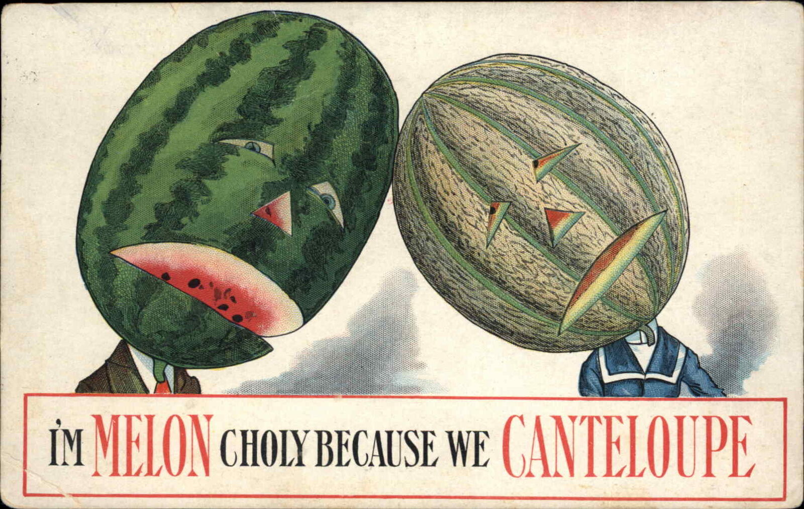 Anthropomorphic Fantasy Meloncholy Vegetable Head Pun Wordplay c1910 Postcard