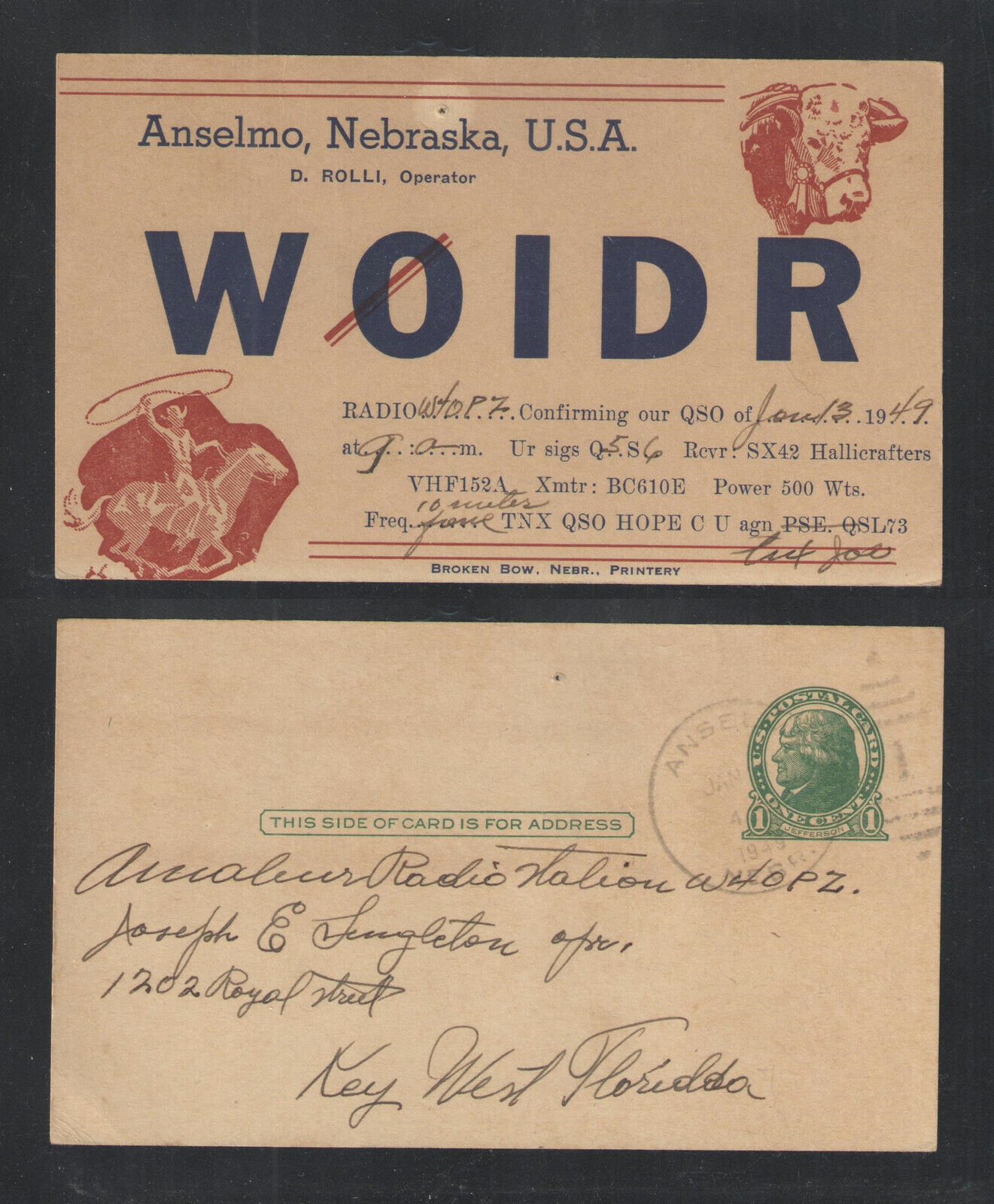 1949 WØIDR QSL CARD ANSELMO NEBRASKA USA { COWBOY + STEERS HEAD } POSTCARD