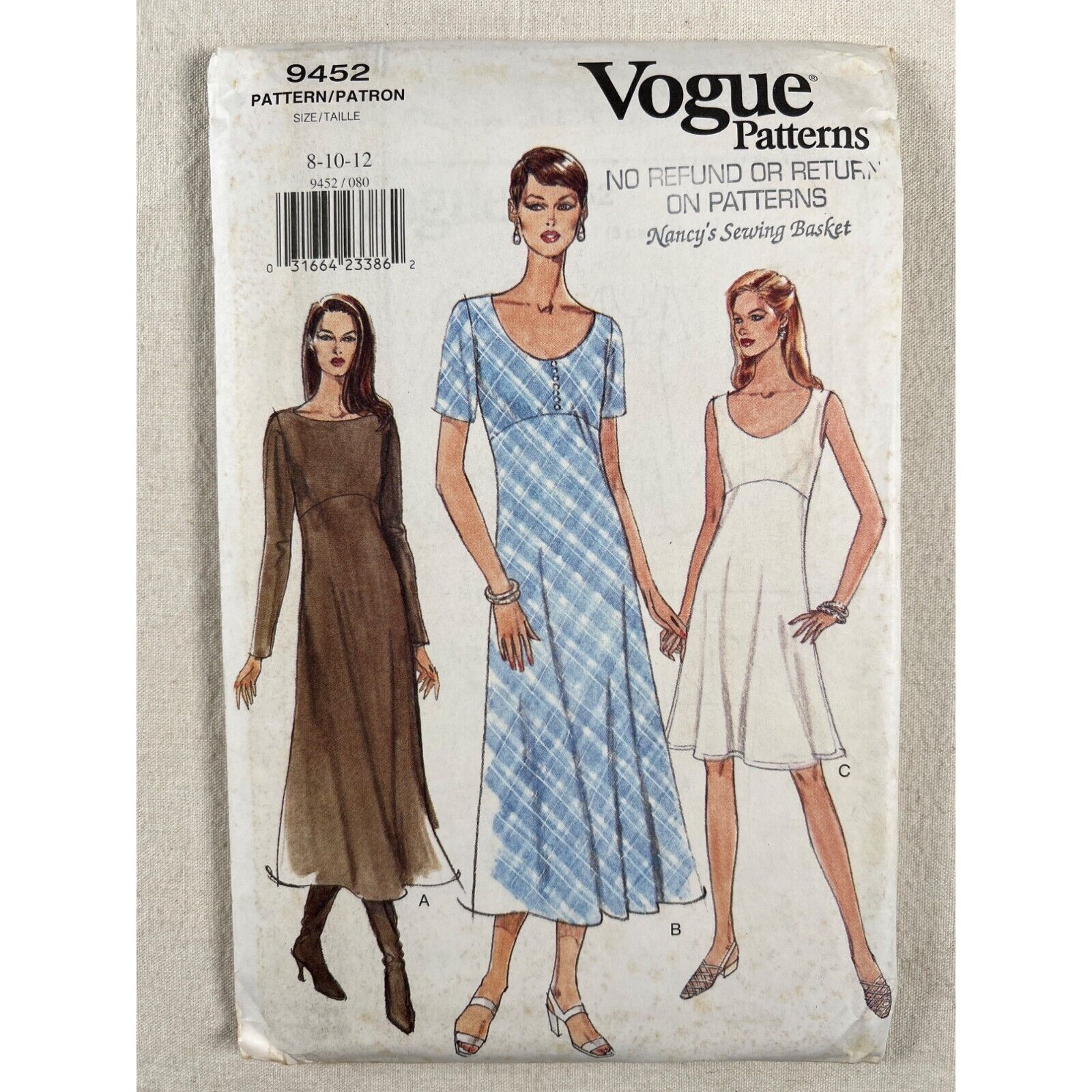 9452 Vogue Sewing Pattern VTG 90s Lined Bias Cut Empire Waist Dress Size 8-10-12