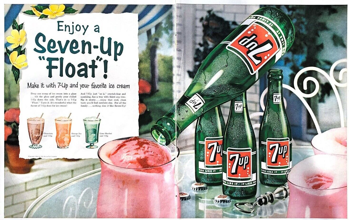 1956 7Up Vintage Print Ad TWO PAGES Enjoy A Seven Up Float Ice Cream 