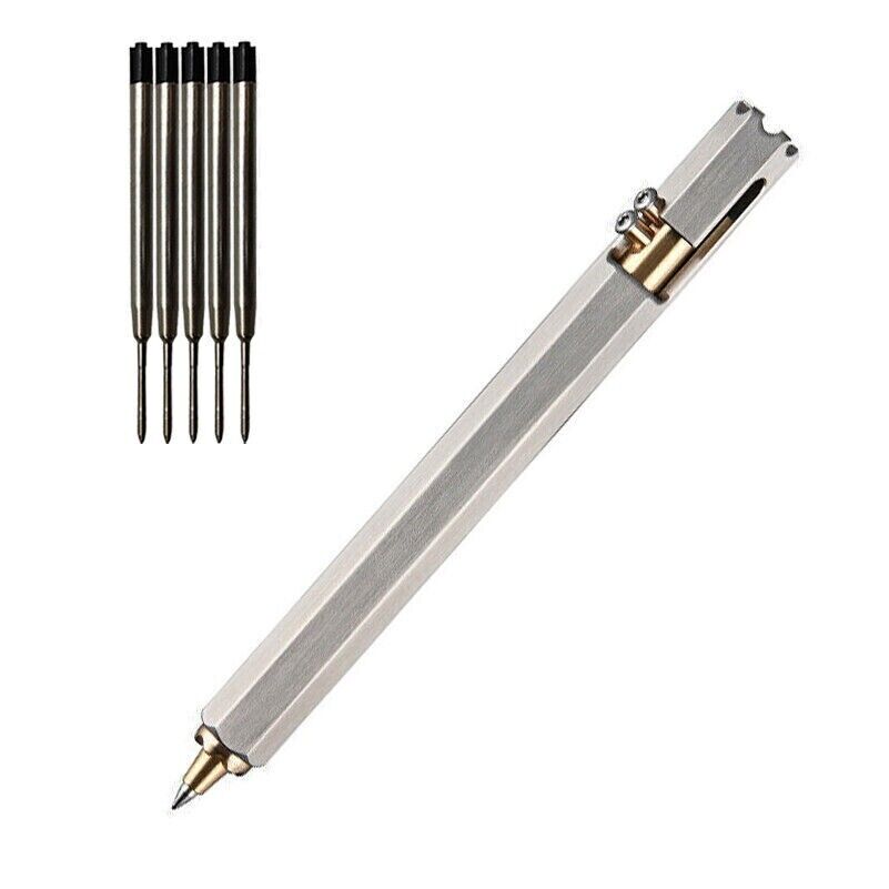 EDC Stainless Steel + Brass Bolt Action Tactical Signature Pocket Ballpoint Pen